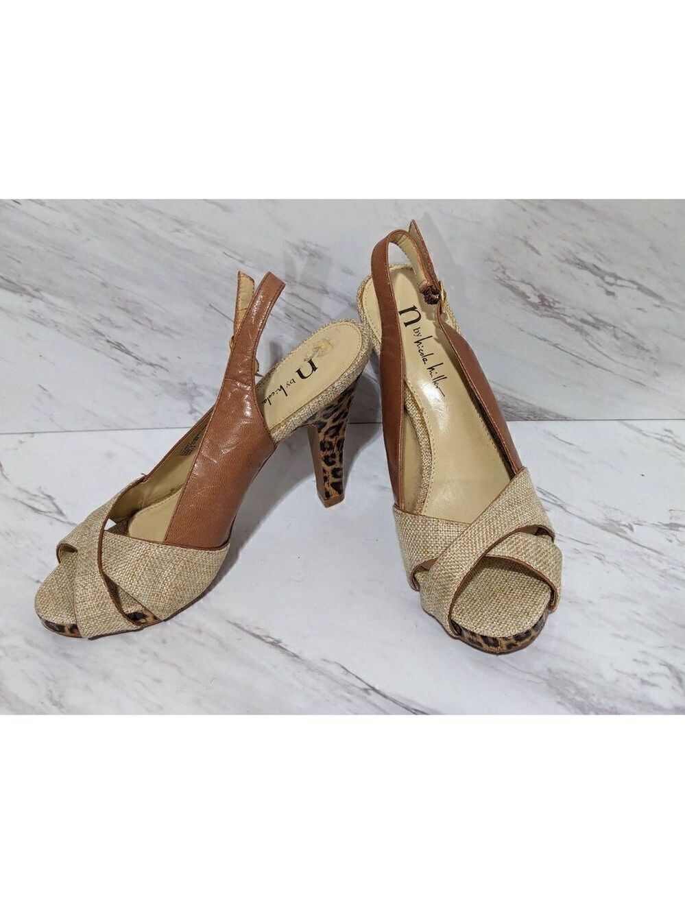 N by Nicole Miller Women's Tan Sandal Leather Side Leopard Print Heel Size 6.5M
